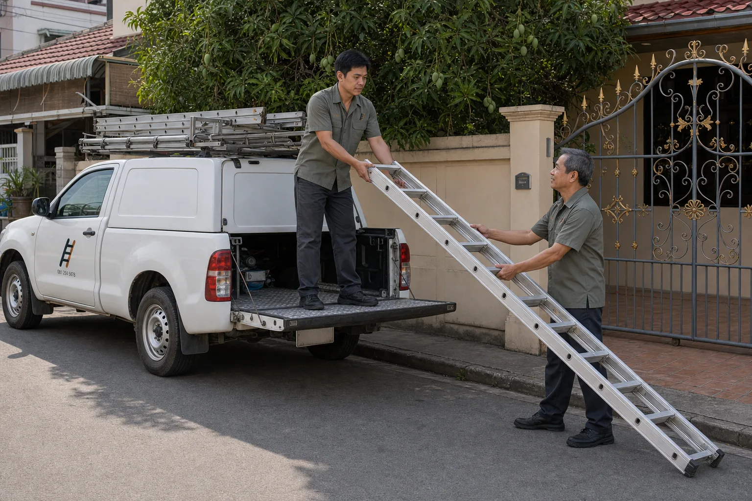 Prasert and Ton lifting an aluminium ladder off the roof rack of their white pickup outside a Chonburi townhouse gate in the morning