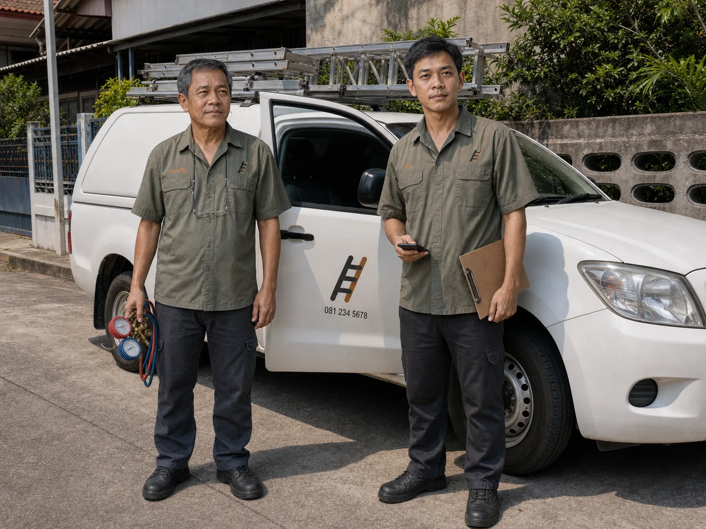 Prasert and Ton standing beside their pickup in matching olive work shirts, the father holding a manifold gauge set, the son with a clipboard and phone