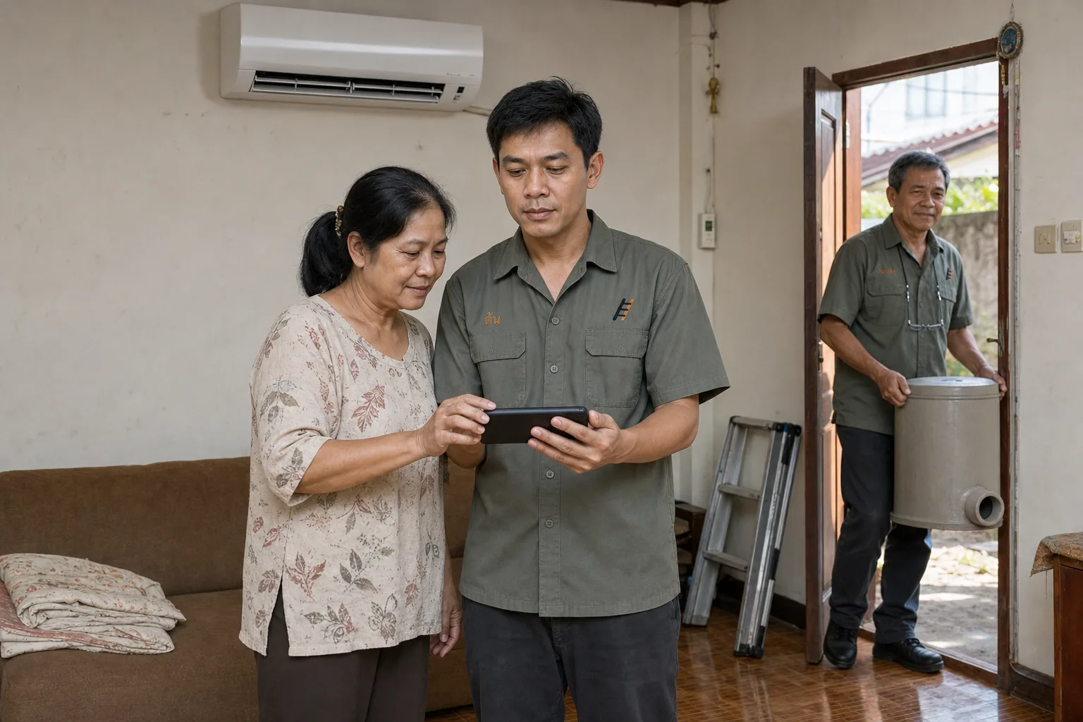 Ton showing a homeowner the before-and-after photographs on his phone in her living room, the cleaned unit running on the wall behind them