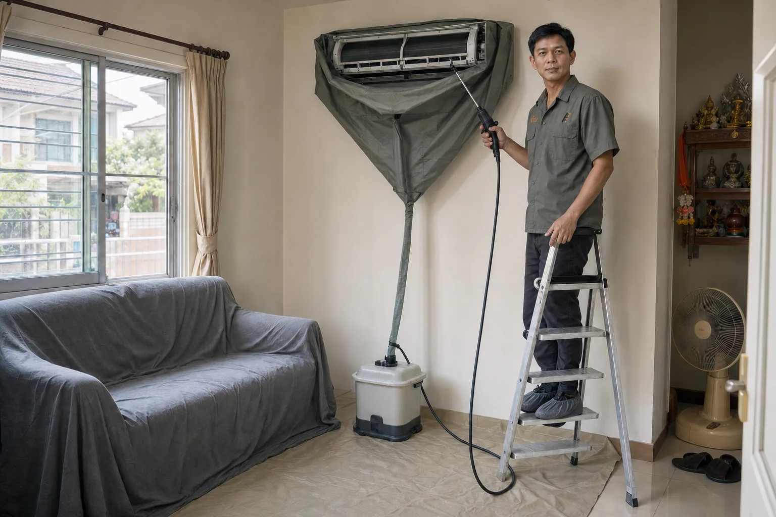 A Thai living room mid-clean: a sheet over the tiled floor, the sofa under a cover, the wall unit wrapped in a waterproof cleaning bag draining into a waste tank, and Ton on a stepladder in shoe covers
