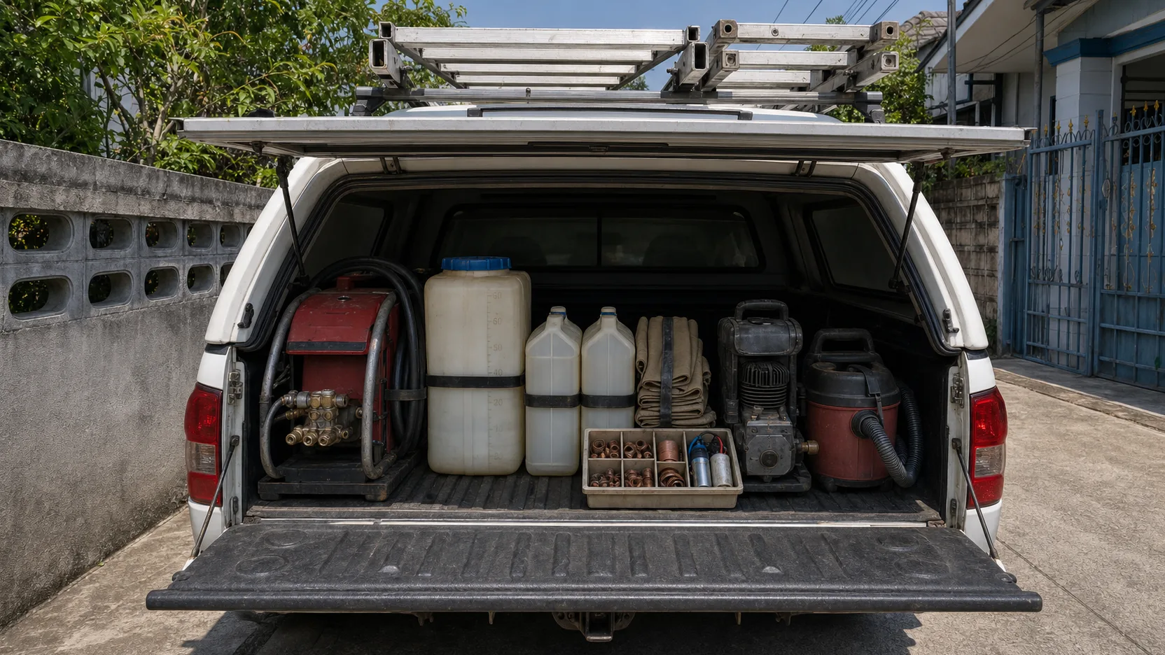 The open back of the white pickup: the pressure pump, a clean-water tank, waste tanks, folded floor sheets, parts boxes and two ladders, each in its own place